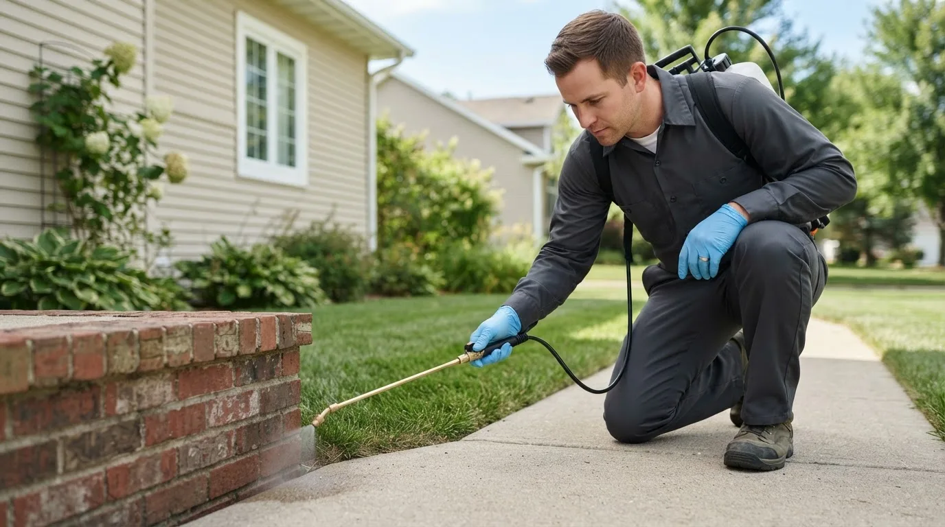 Pest control technician treating a home near Lucinda, PA